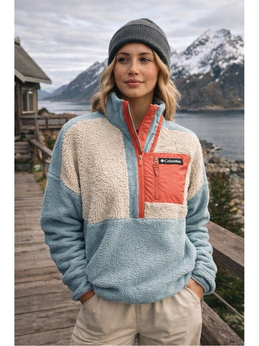 Columbia Women's Colorblock Sherpa Pullover Jacket in Light Blue/Cream/Coral